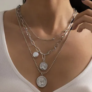 Pearl & Silver-Plated Coin Cable Chain Necklace Set