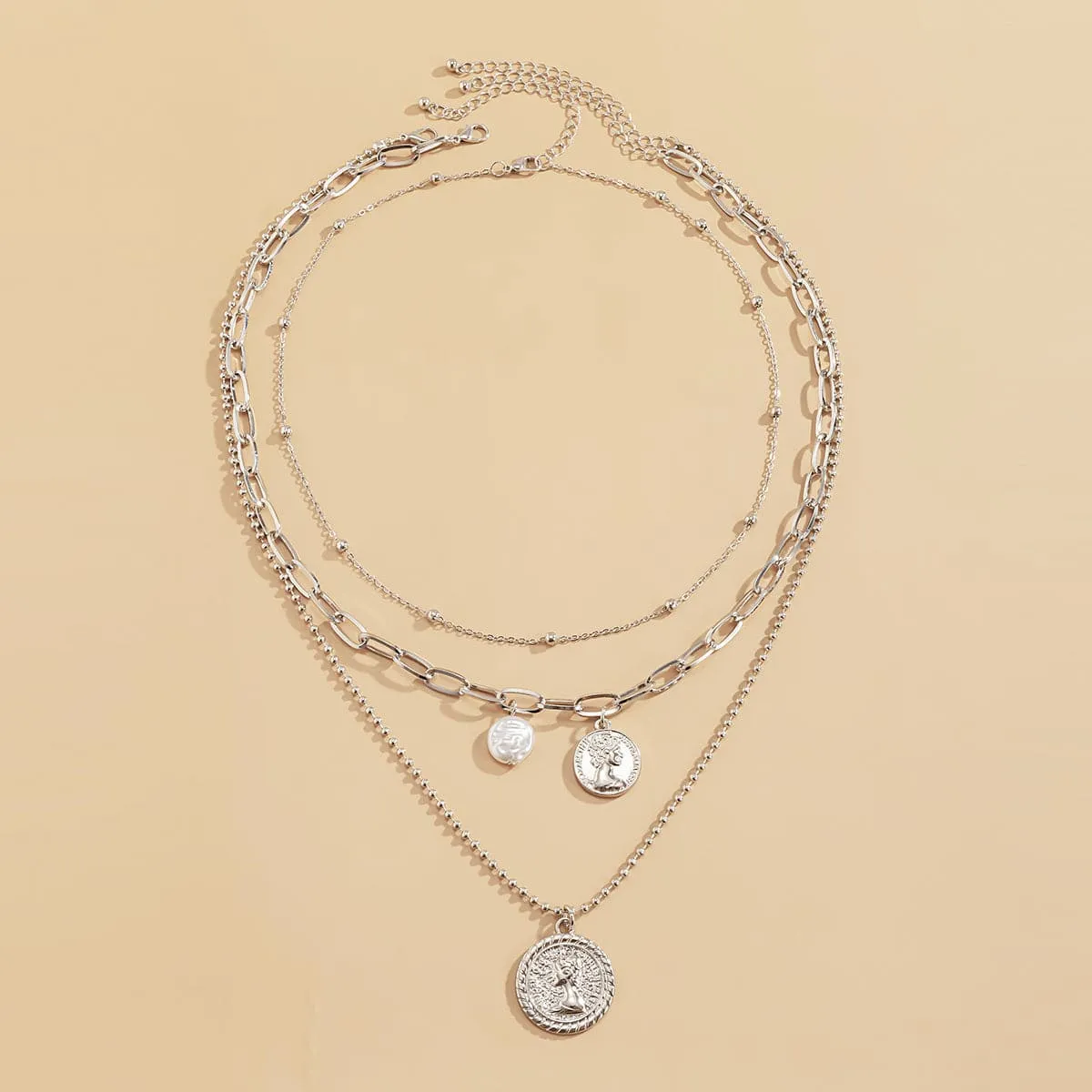 Pearl & Silver-Plated Coin Cable Chain Necklace Set