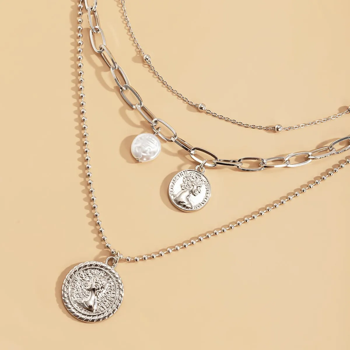 Pearl & Silver-Plated Coin Cable Chain Necklace Set