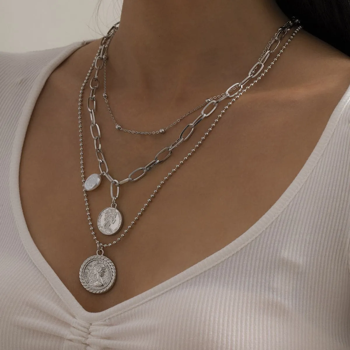 Pearl & Silver-Plated Coin Cable Chain Necklace Set