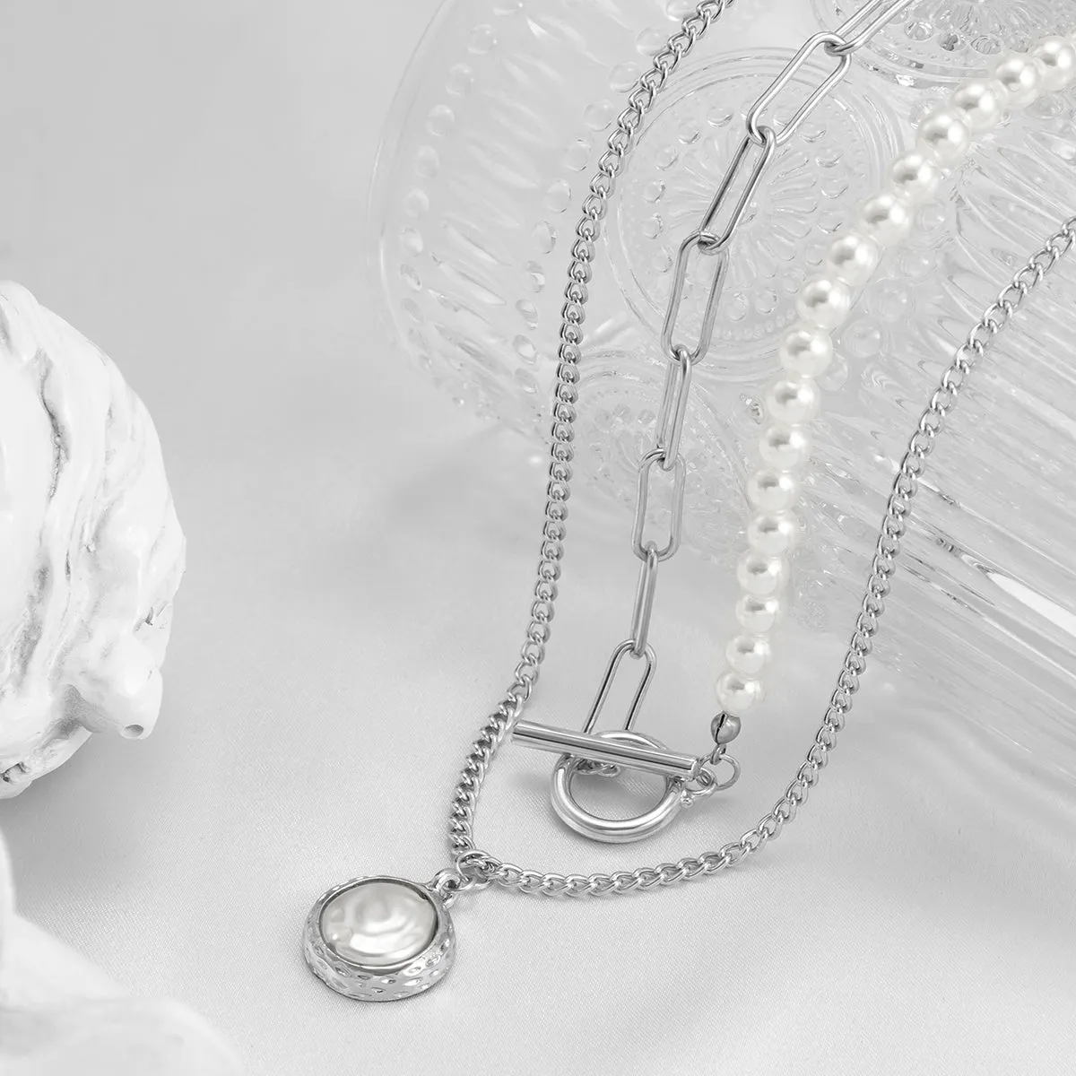 Pearl & Silver-Plated Necklace Set