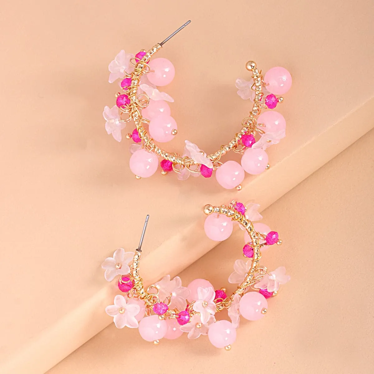 Pink Acrylic & 18K Gold-Plated Pink Flower Hoop Earrings