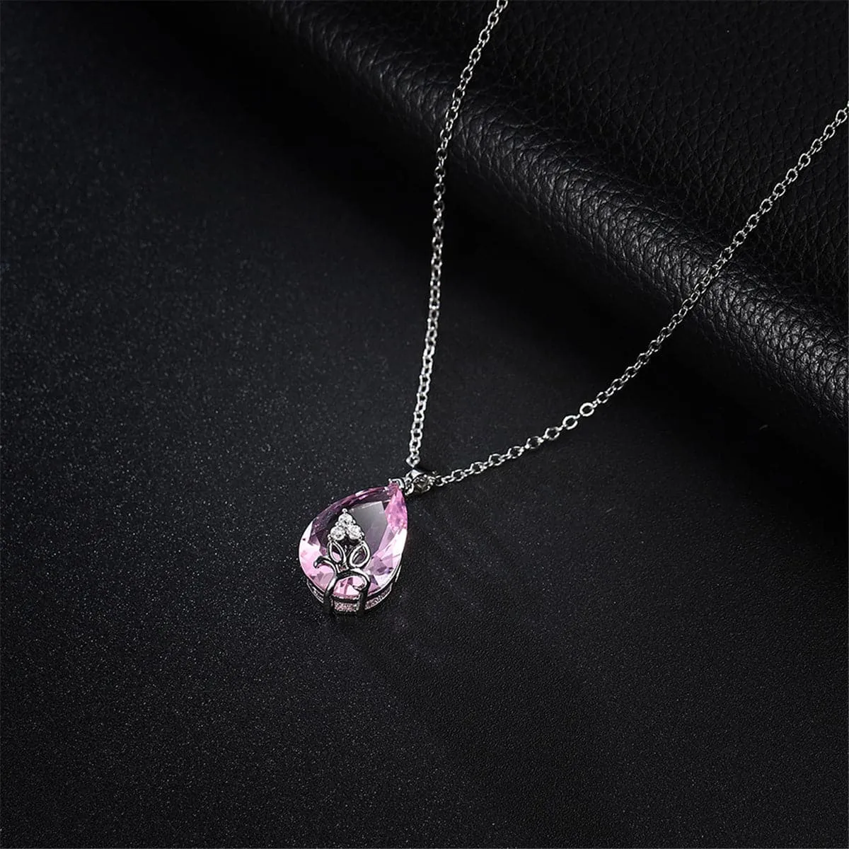Pink Crystal & Silver-Plated Teardrop Pendant Necklace