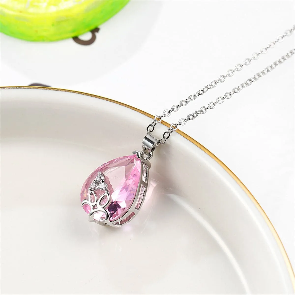 Pink Crystal & Silver-Plated Teardrop Pendant Necklace