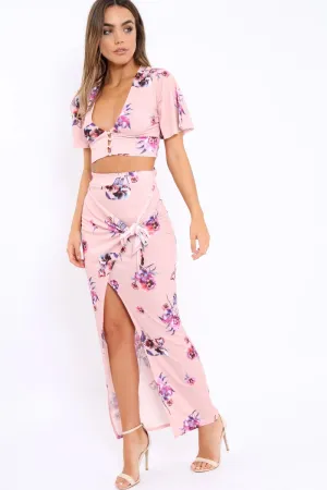 Pink Floral Print Split Maxi Skirt- Shayna