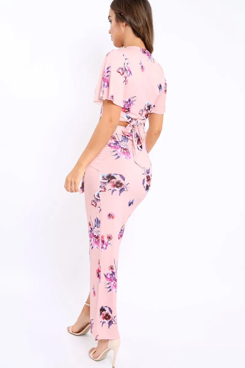 Pink Floral Print Split Maxi Skirt- Shayna