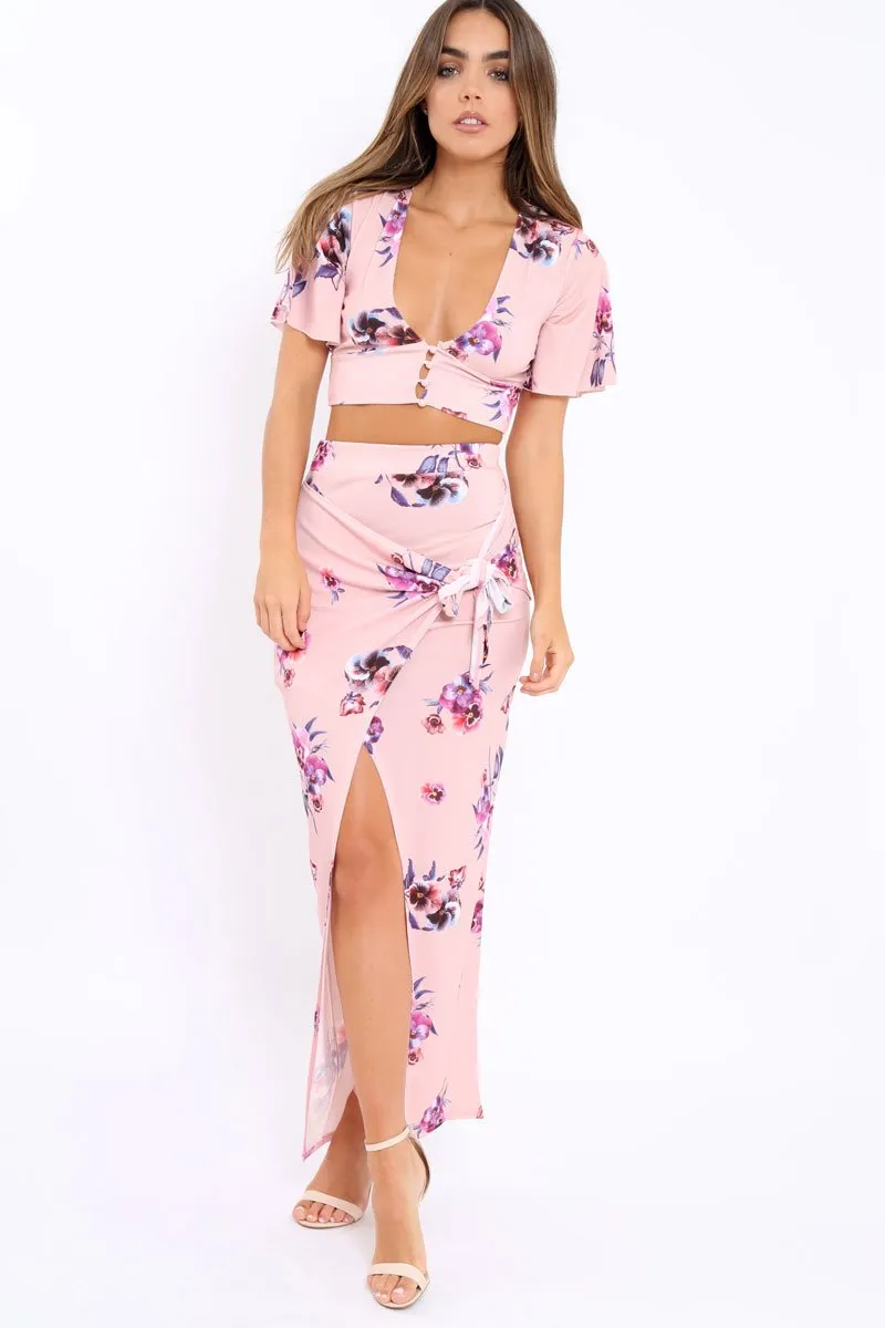 Pink Floral Print Split Maxi Skirt- Shayna