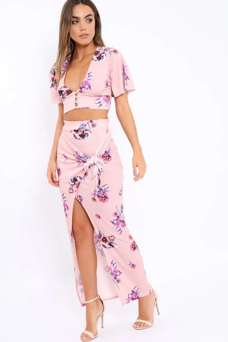 Pink Floral Print Split Maxi Skirt- Shayna