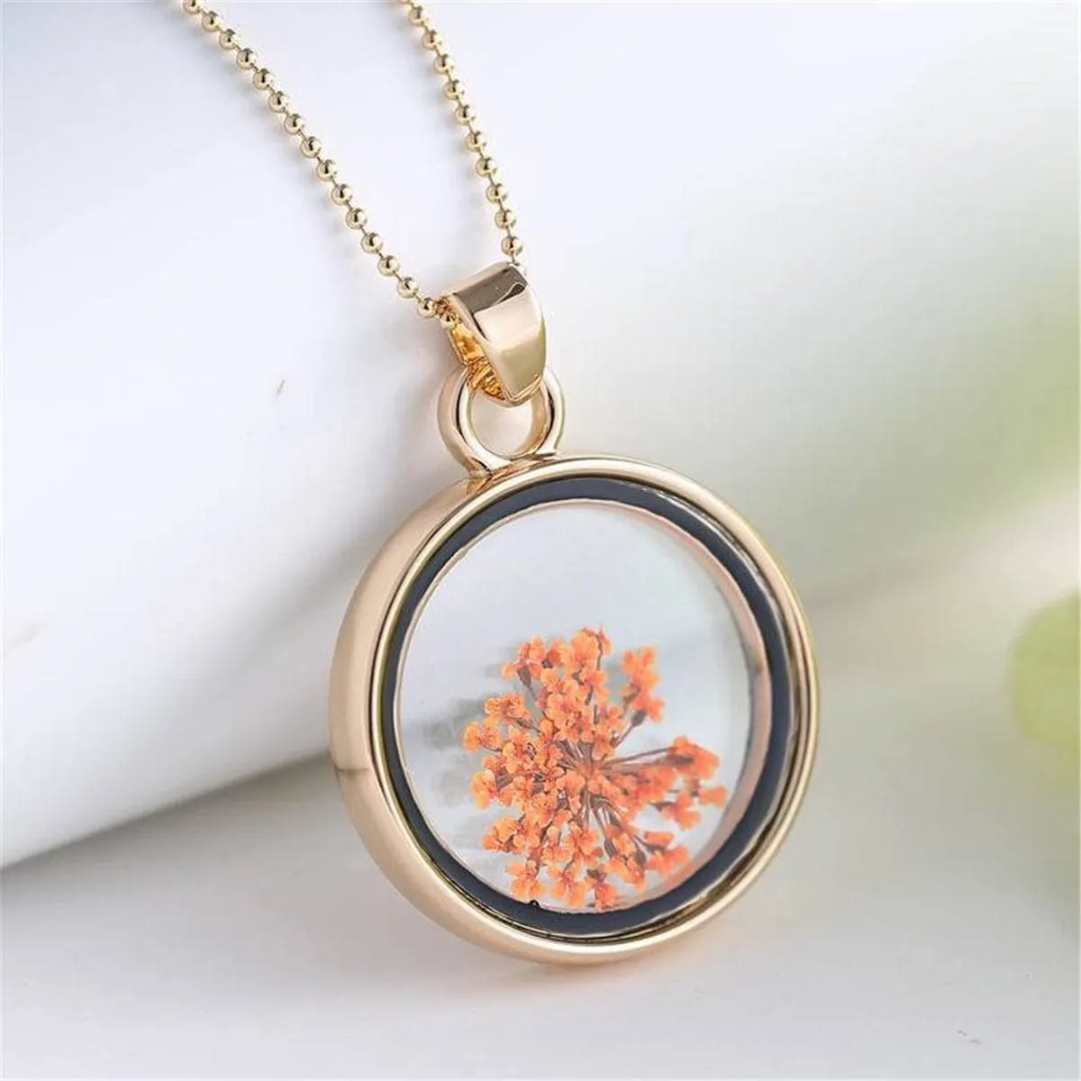 Pink Gypsophila & Resin Round Pendant Necklace