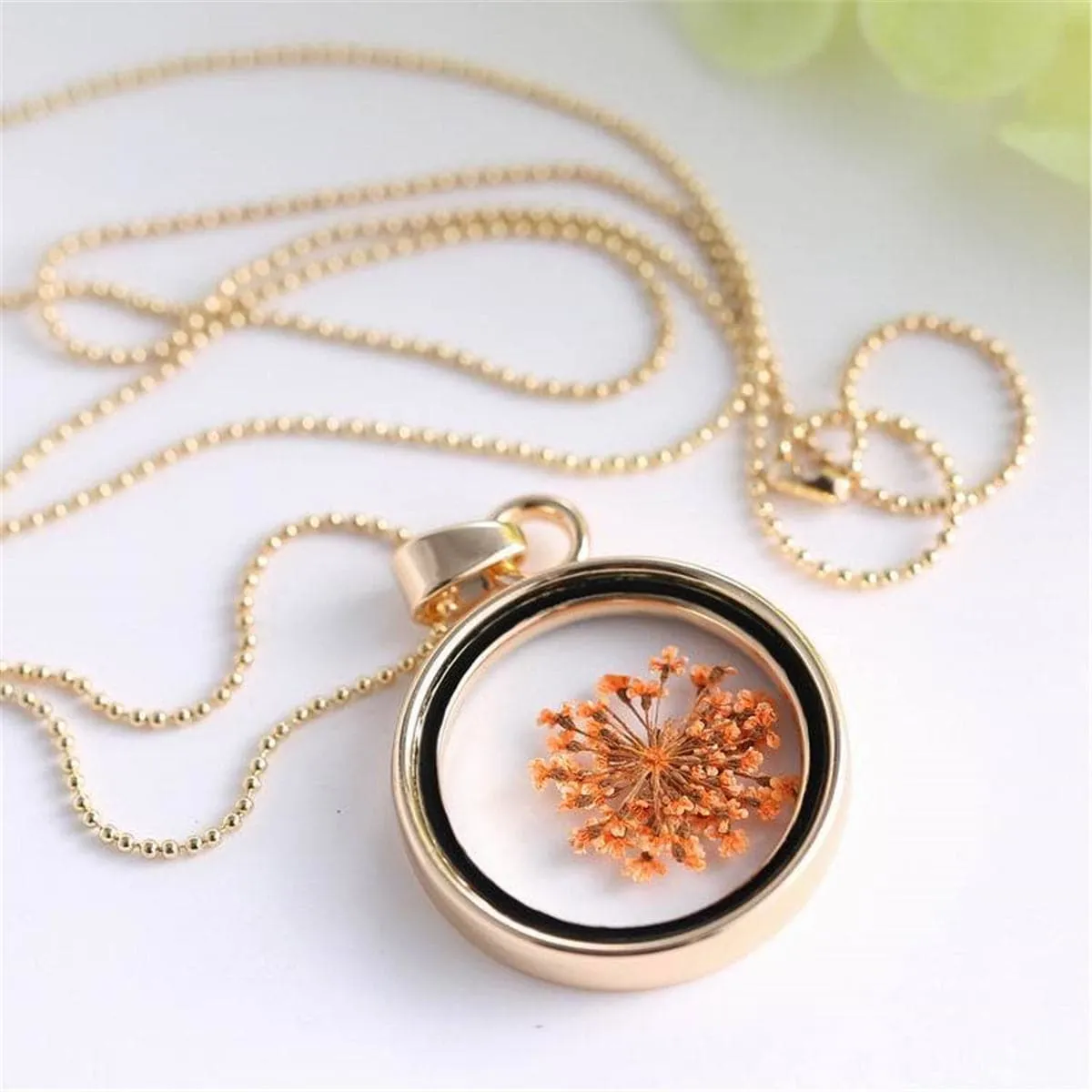 Pink Gypsophila & Resin Round Pendant Necklace