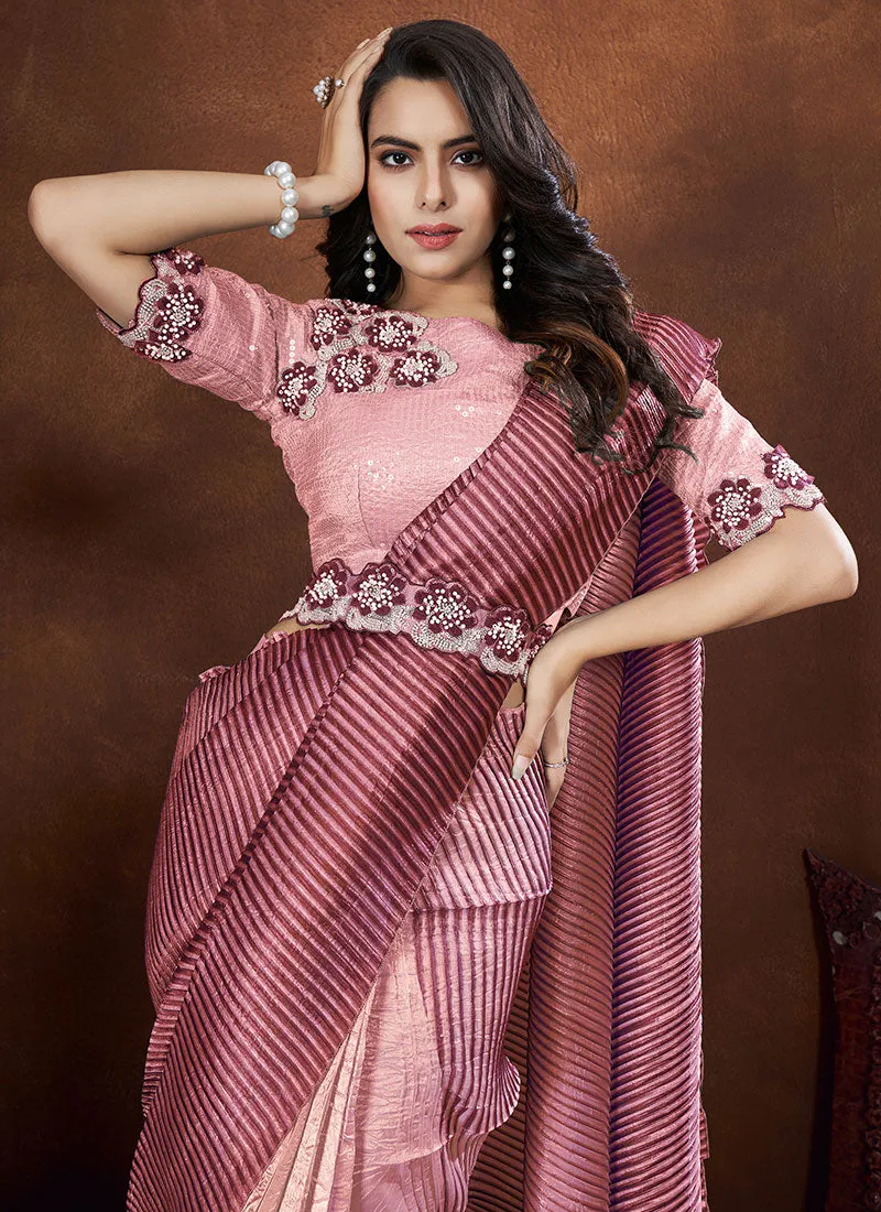 Pink Mauve Sequence And Thread Embroidery Saree With Belt