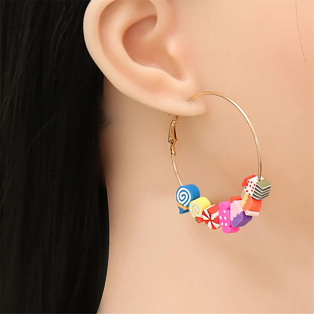 Pink Polymer Clay & 18K Gold-Plated Multi-Hued Food Beads Hoop Earrings