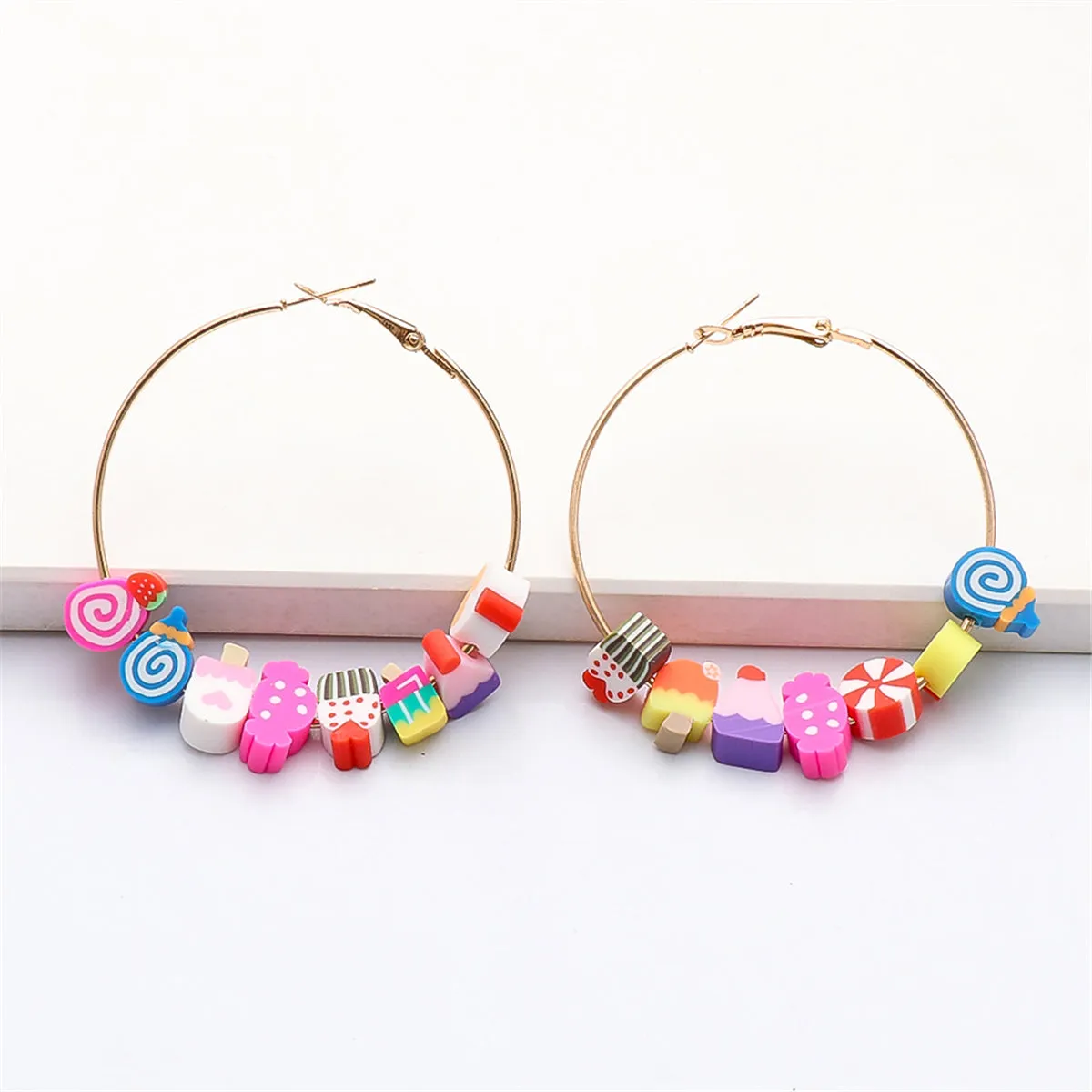 Pink Polymer Clay & 18K Gold-Plated Multi-Hued Food Beads Hoop Earrings
