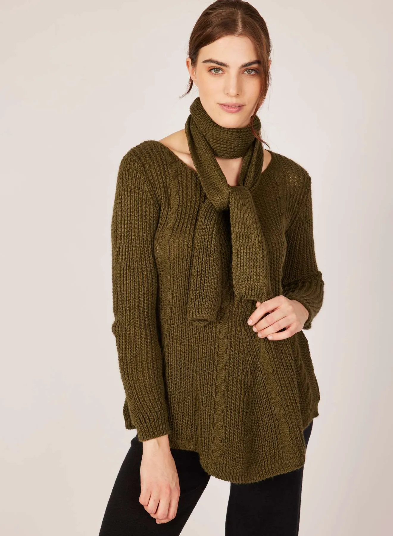 Pistache Flared Cableknit Sweater with Scarf