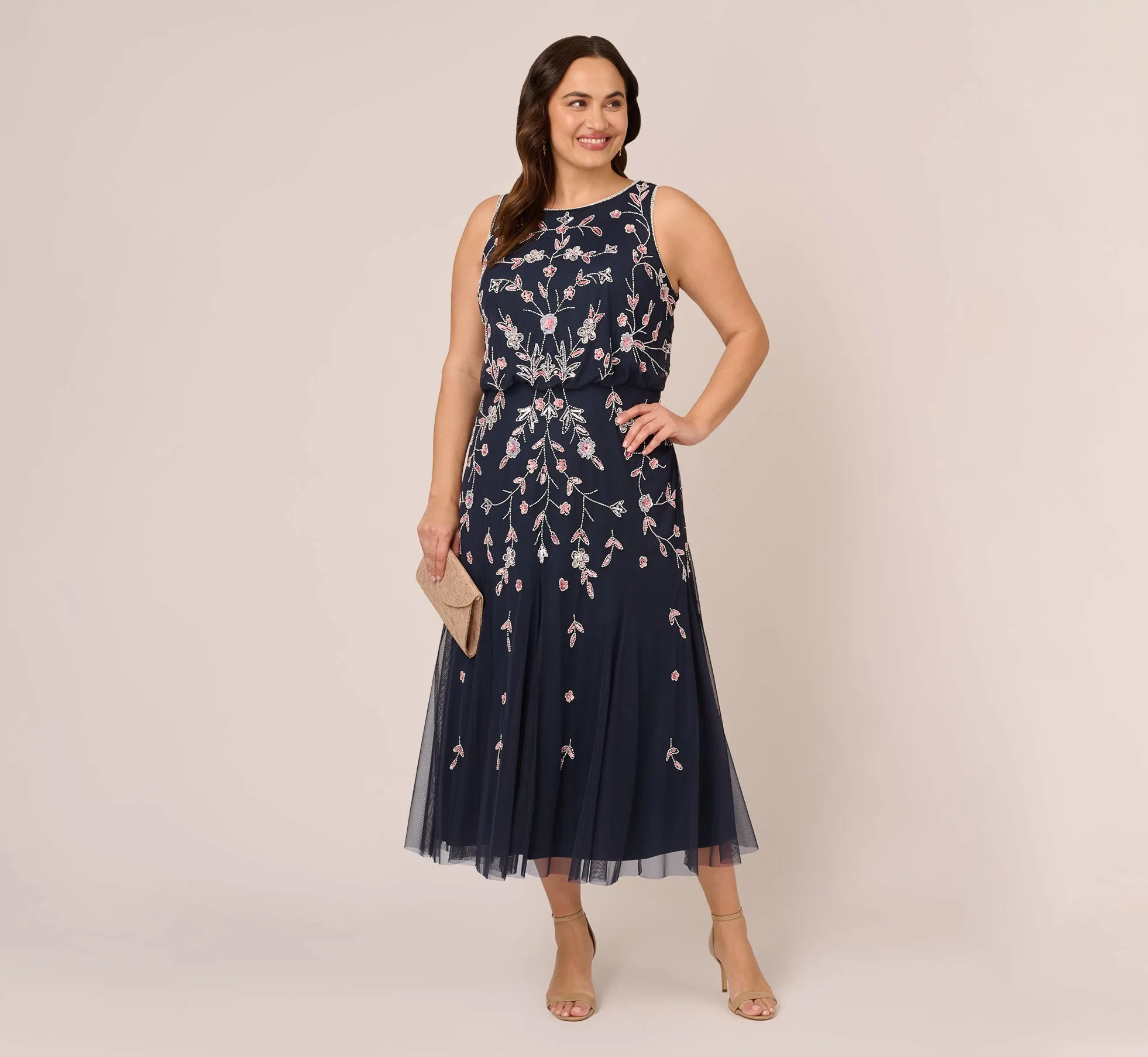 Plus Size Floral Beaded Blouson Tea Length Dress In Navy Blush
