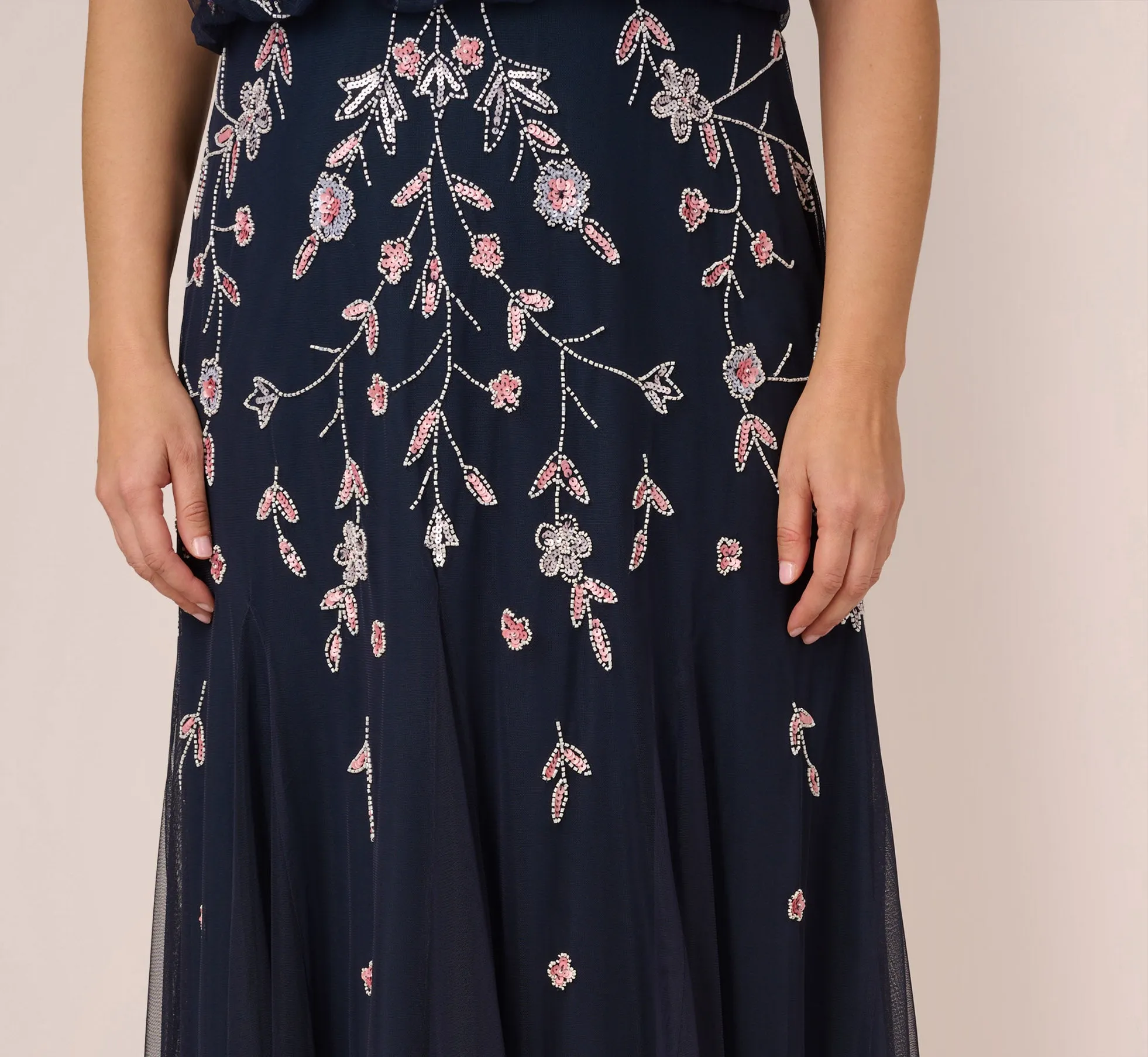 Plus Size Floral Beaded Blouson Tea Length Dress In Navy Blush
