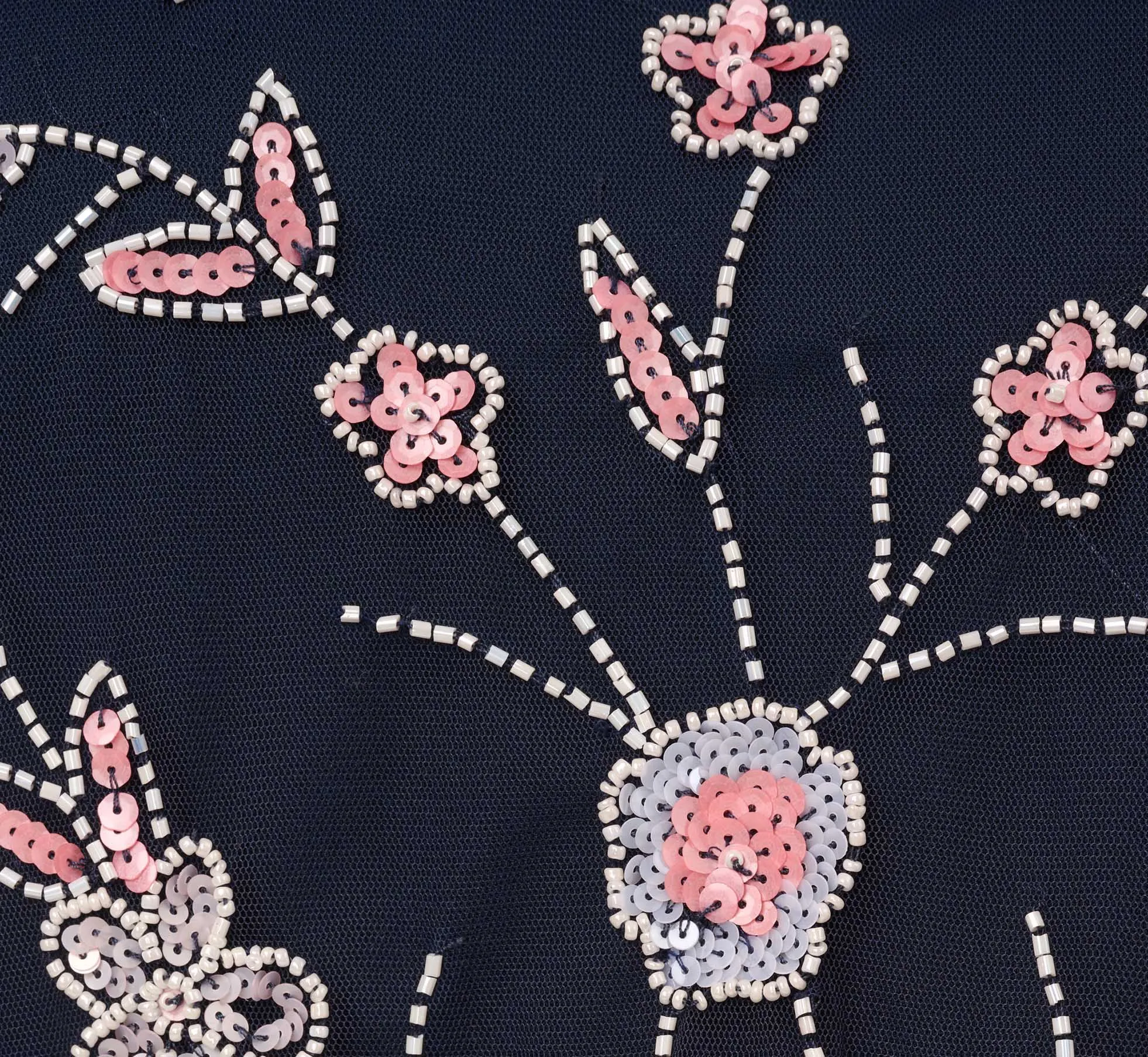 Plus Size Floral Beaded Blouson Tea Length Dress In Navy Blush