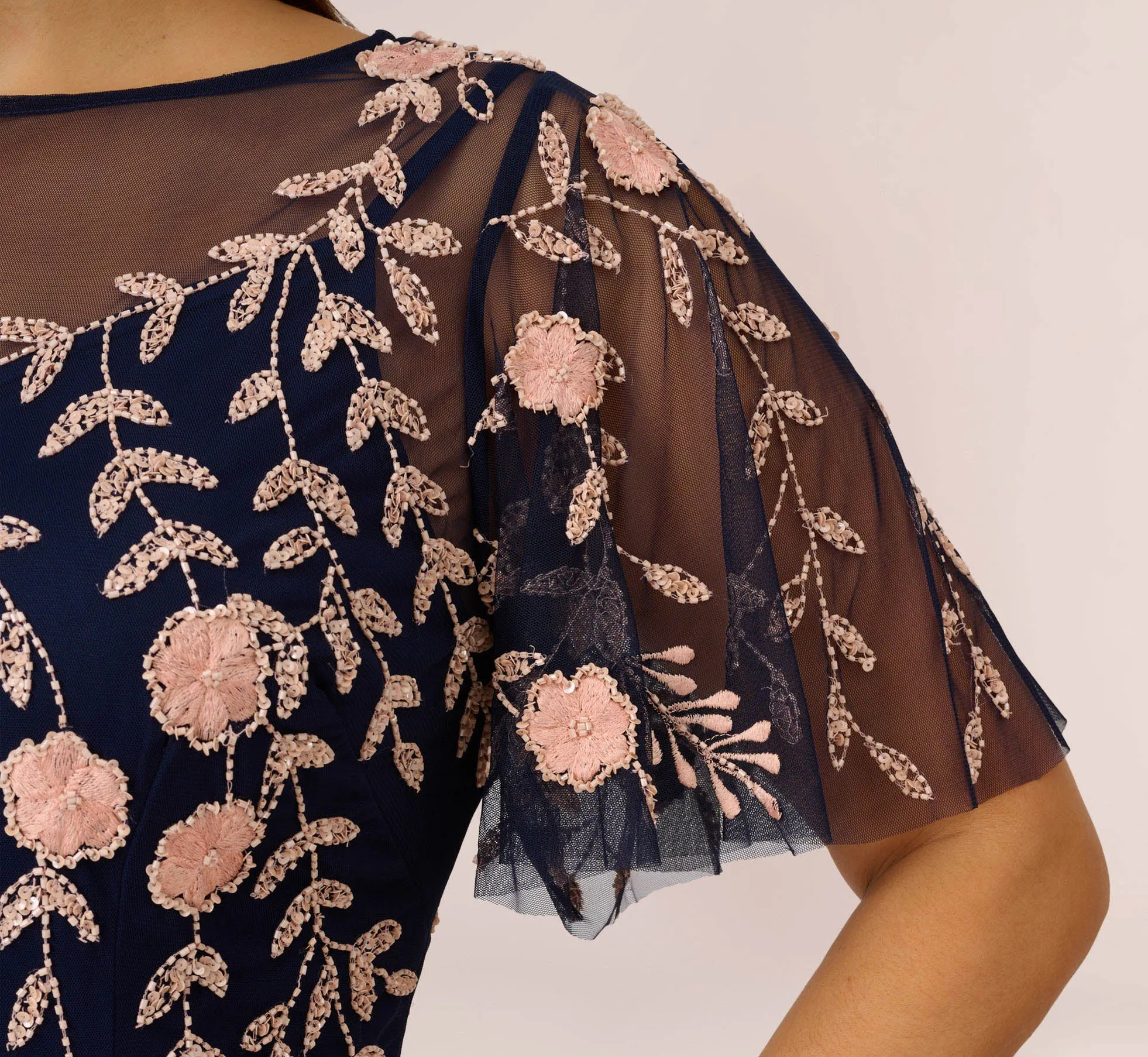 Plus Size Floral Beaded Dress With Sheer Flutter Sleeves In Navy Blush