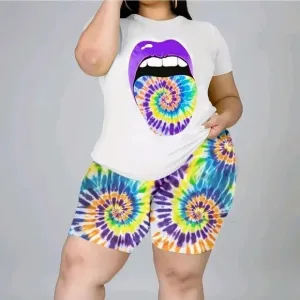 Plus Size Lip Print Short Sleeve Tee &amp; Tie Dye Print Shorts Set Sz 4X