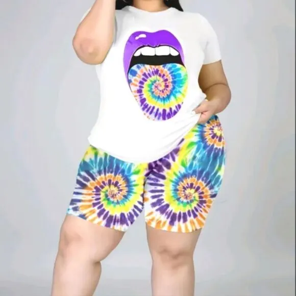 Plus Size Lip Print Short Sleeve Tee &amp; Tie Dye Print Shorts Set Sz 4X