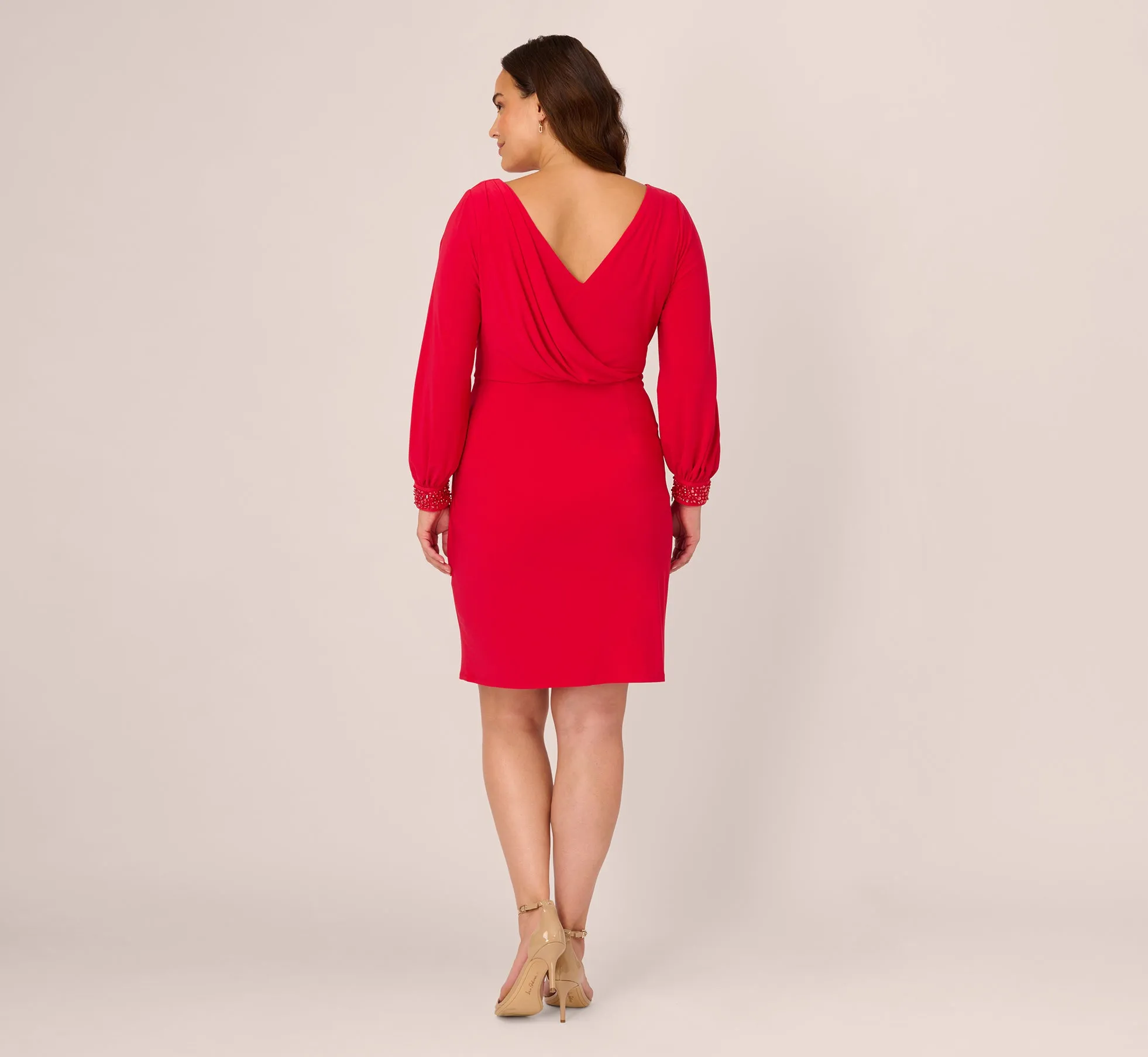 Plus Size Long Sleeve Draped Jersey Dress With Beaded Cuffs In Hot Ruby