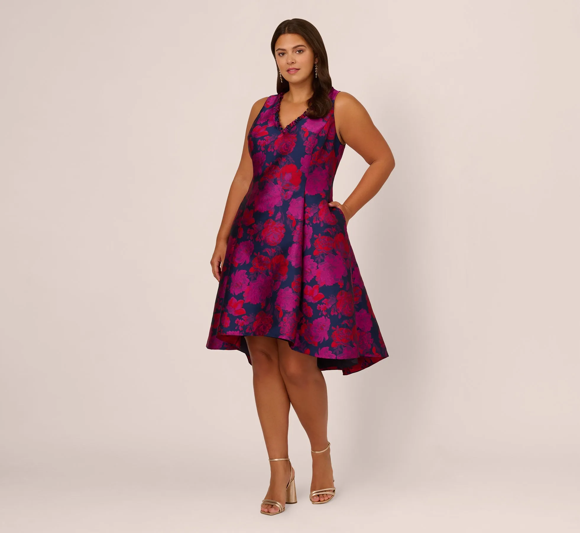 Plus Size Sleeveless Floral Jacquard Midi Dress With High Low Skirt In Navy Multi
