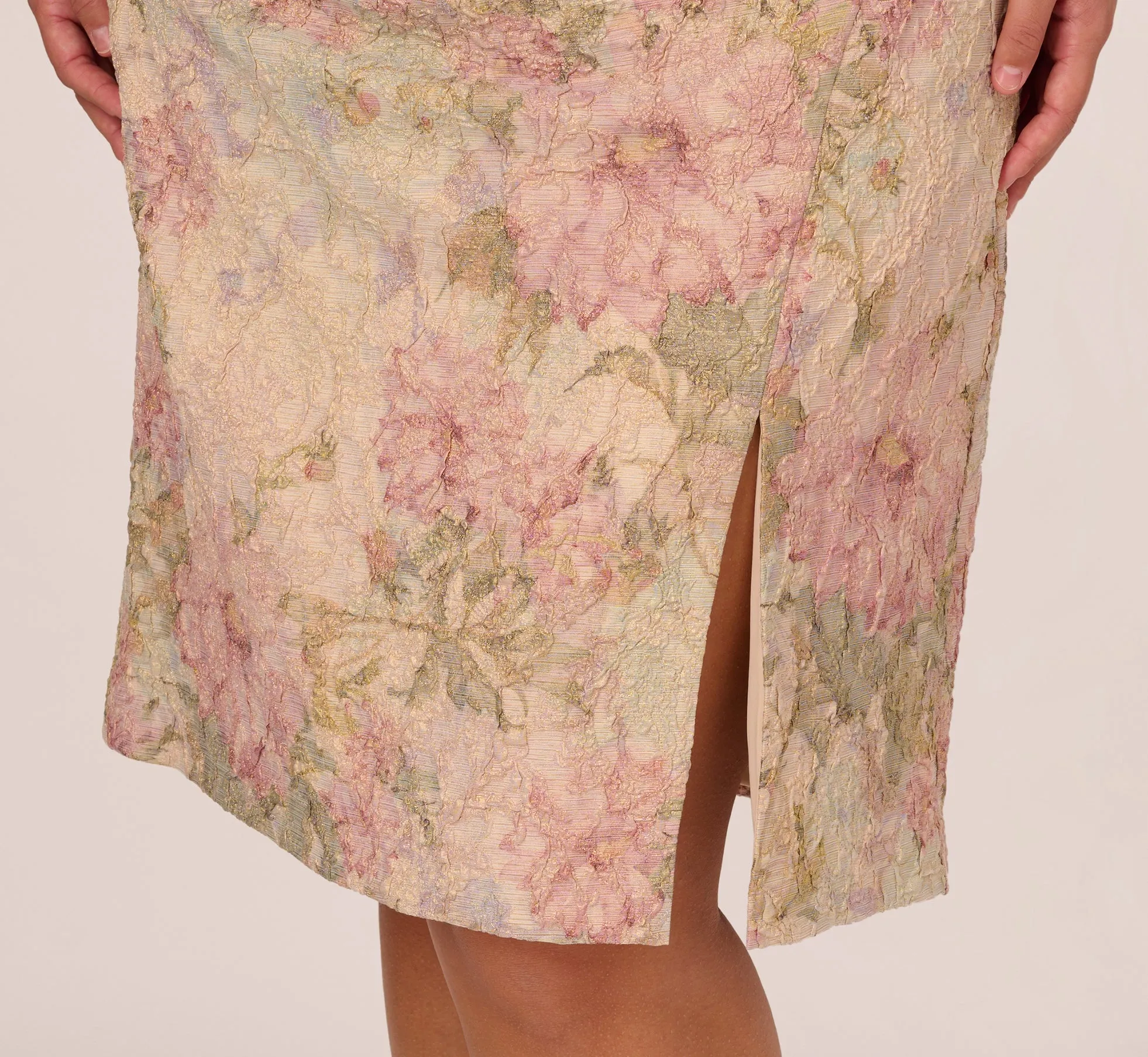 Plus Size Sleeveless Floral Matelasse Sheath Dress With Pleated Details In Rose Multi