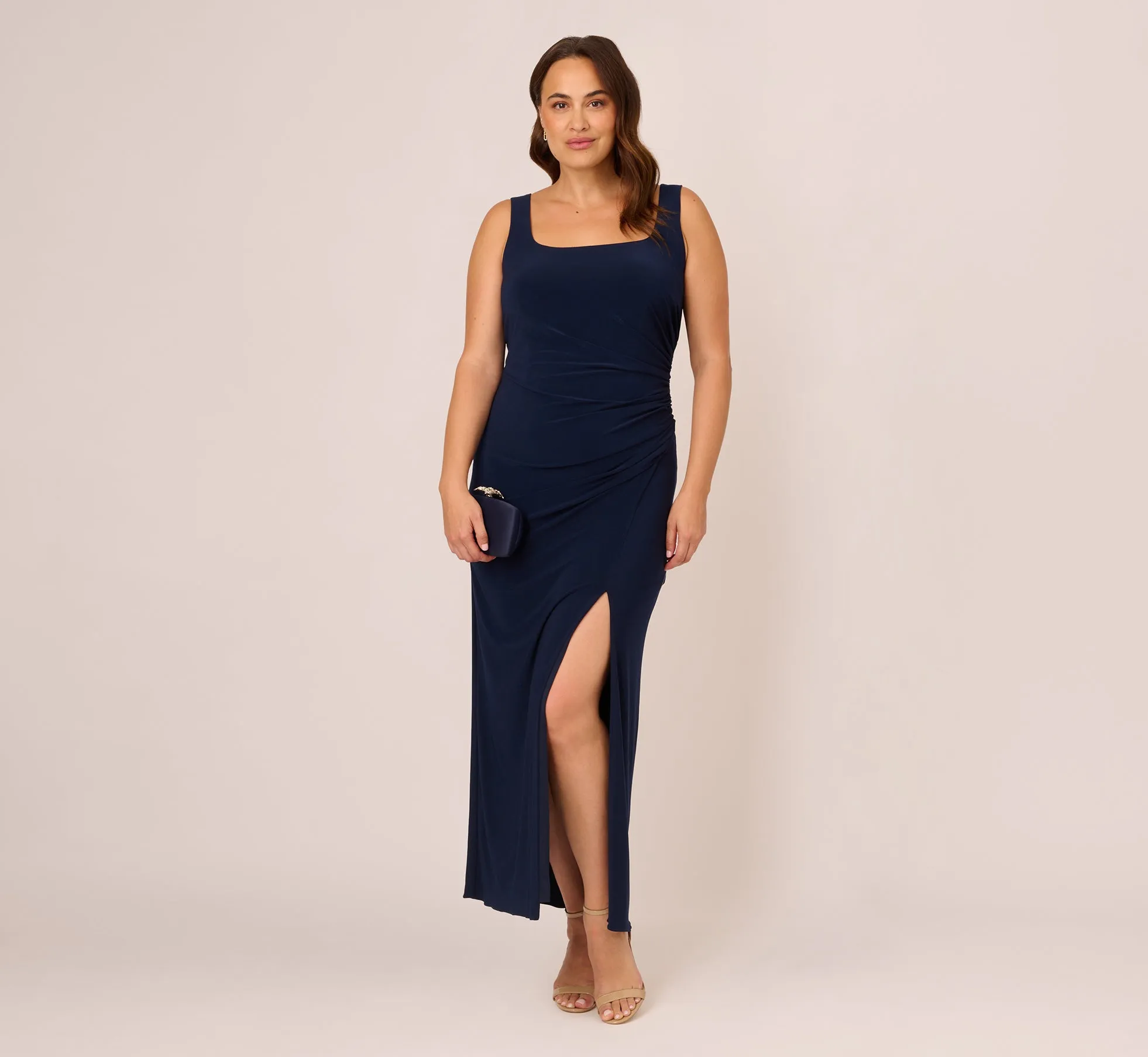 Plus Size Sleeveless Jersey Gown With Embellished Lace Cowl Back In Midnight