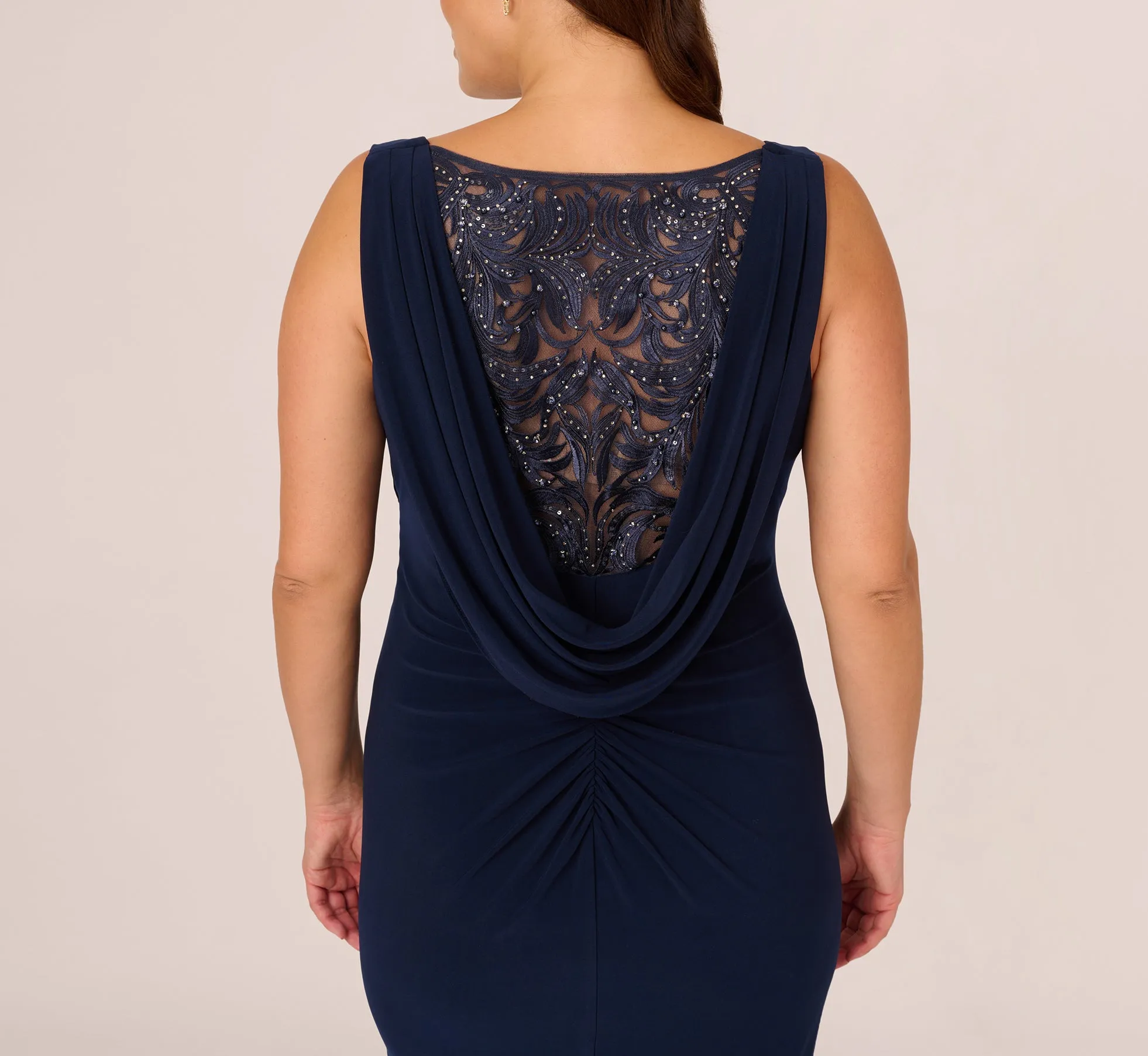 Plus Size Sleeveless Jersey Gown With Embellished Lace Cowl Back In Midnight