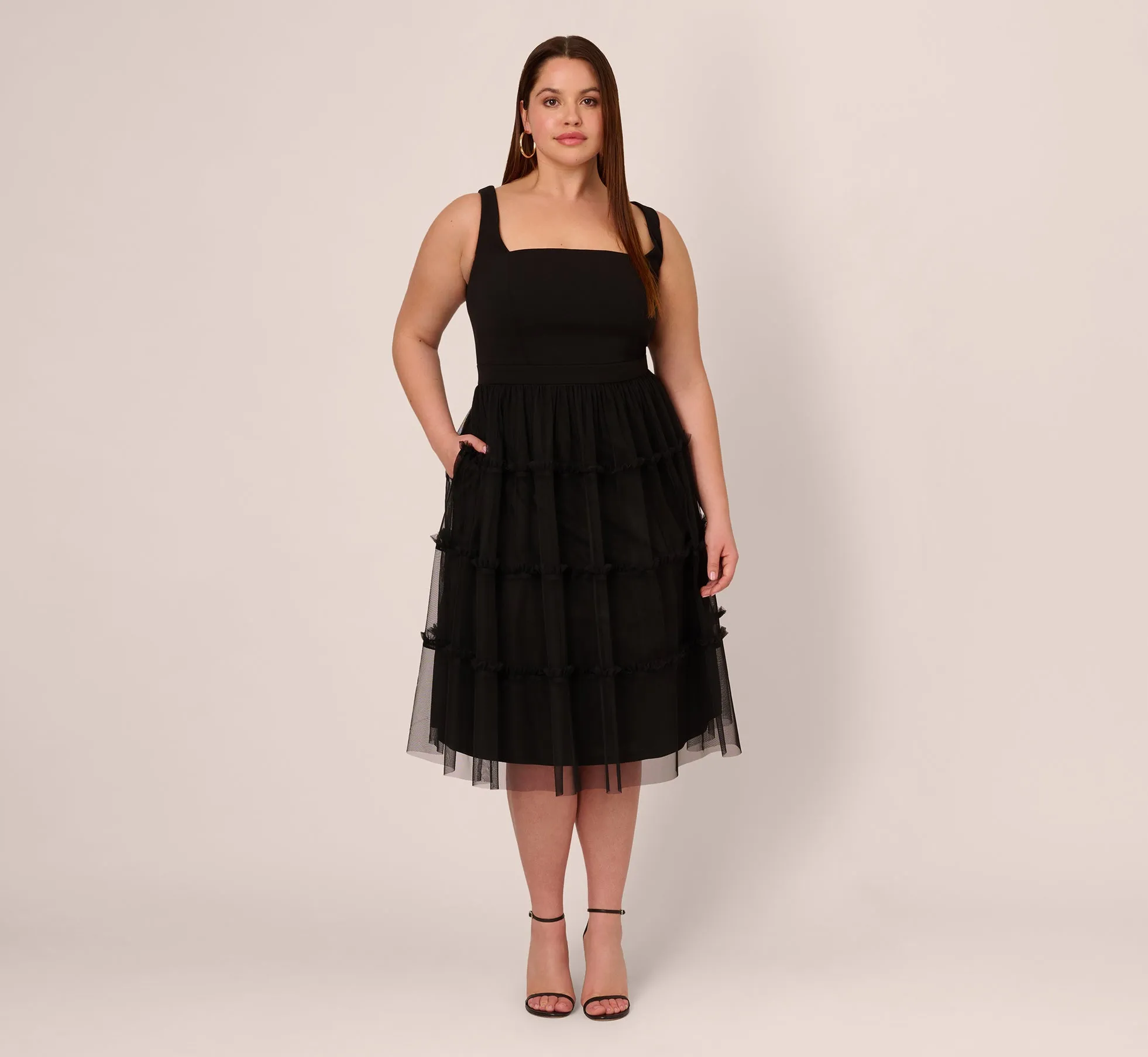 Plus Size Sleeveless Midi Dress With Square Neck And Tiered Skirt In Black