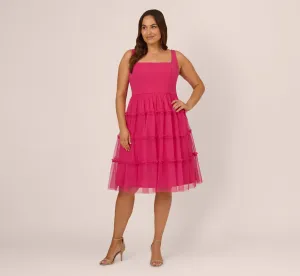 Plus Size Sleeveless Midi Dress With Square Neck And Tiered Skirt In Bright Rose