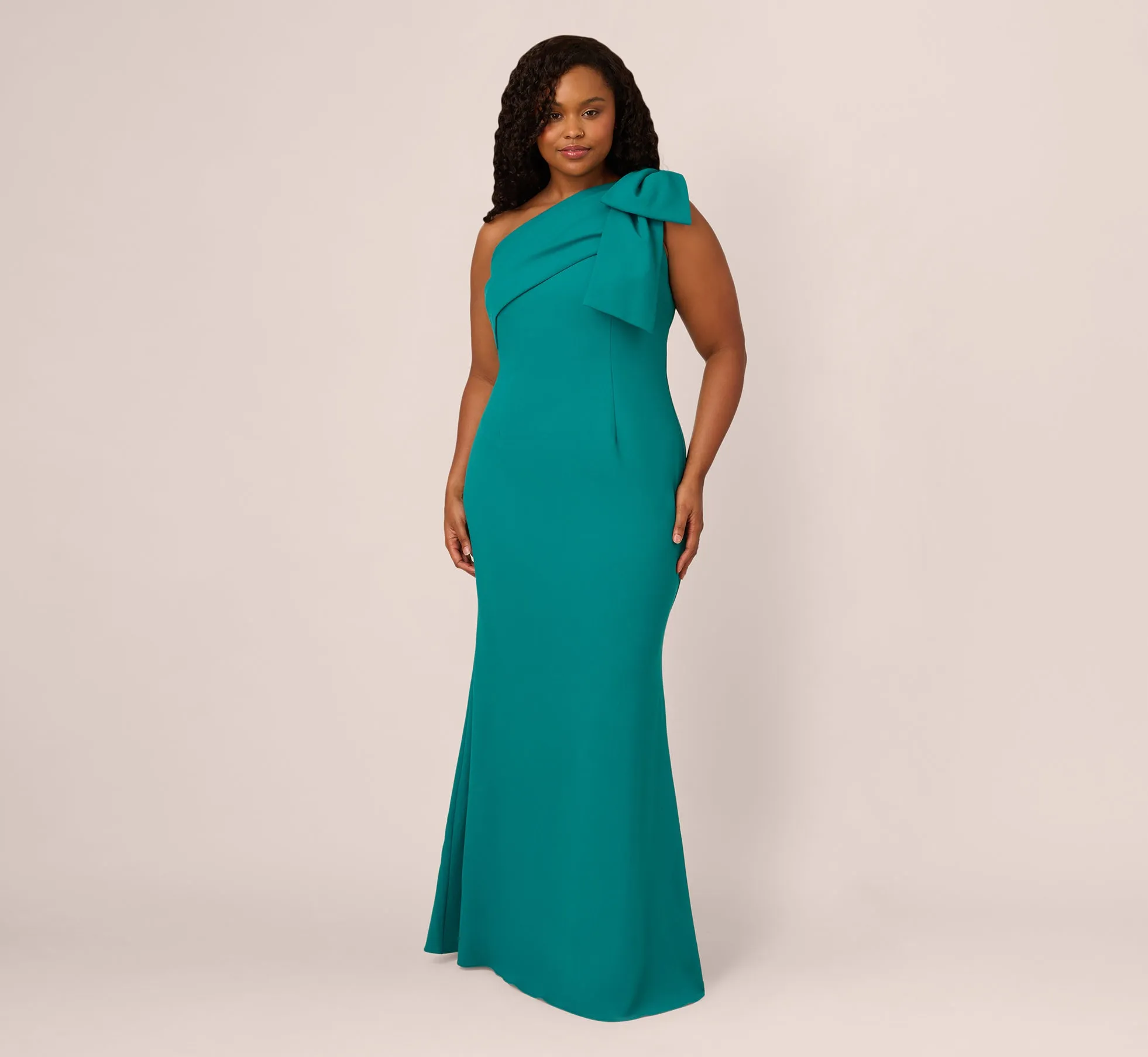 Plus Size Stretch Crepe One Shoulder Mermaid Gown With Bow Accent In Tempo Teal