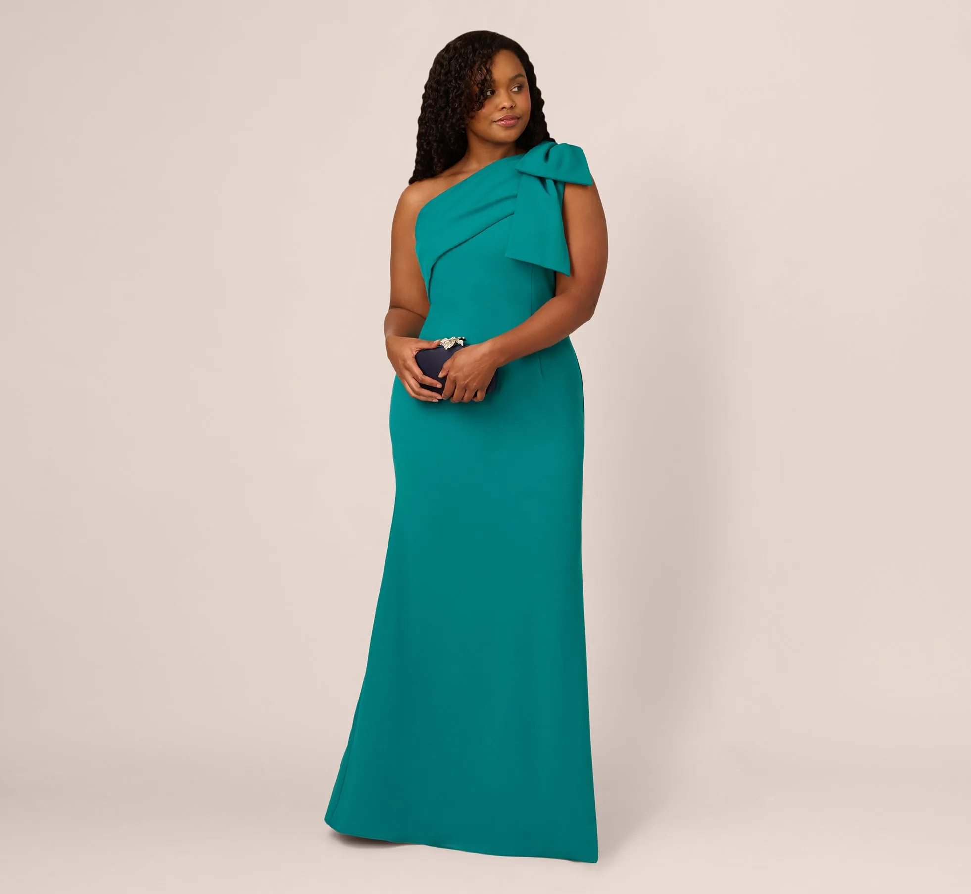 Plus Size Stretch Crepe One Shoulder Mermaid Gown With Bow Accent In Tempo Teal