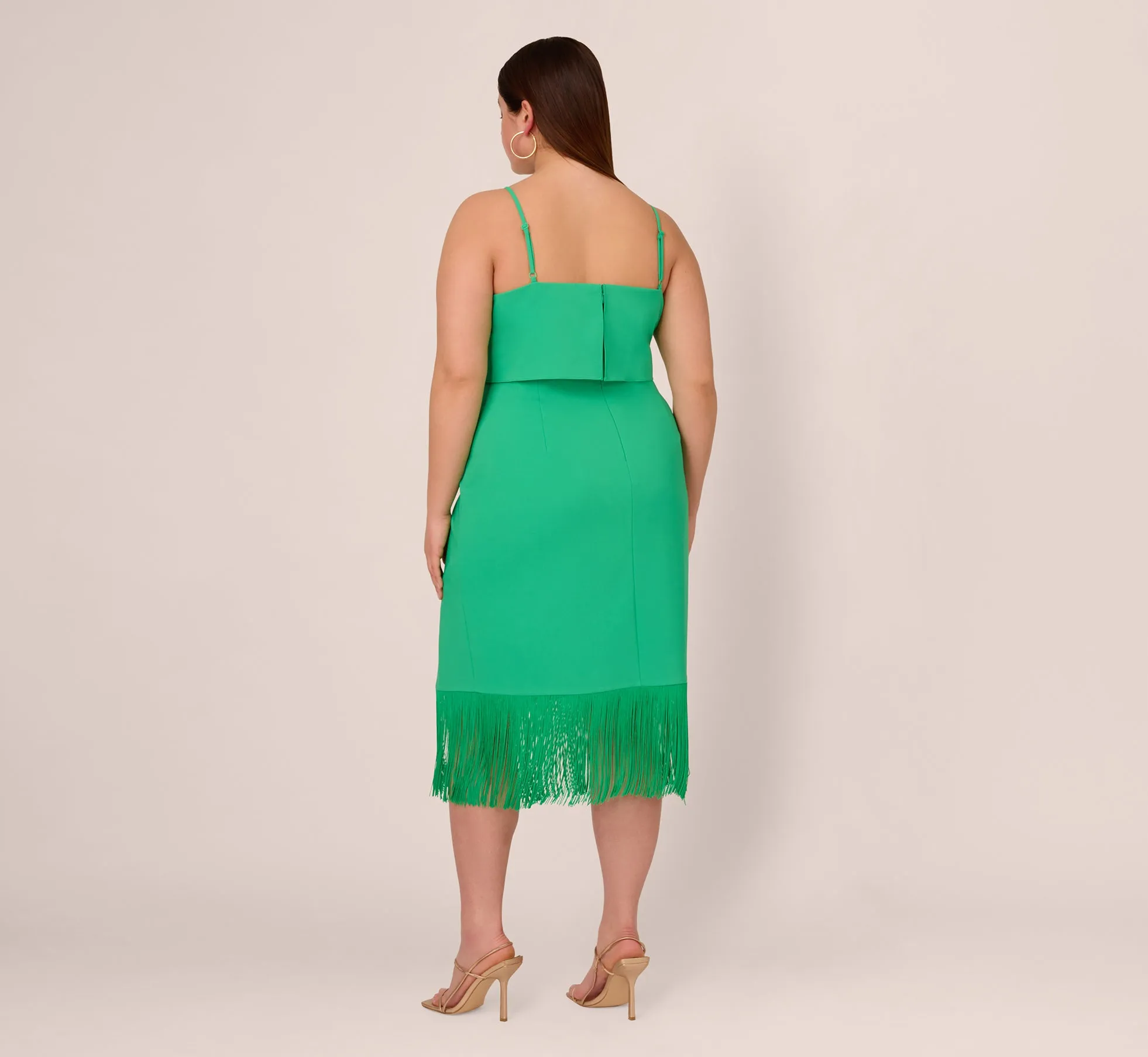 Plus Size Stretch Crepe Popover Midi Dress With Fringe Hem In Summer Green