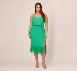 Plus Size Stretch Crepe Popover Midi Dress With Fringe Hem In Summer Green