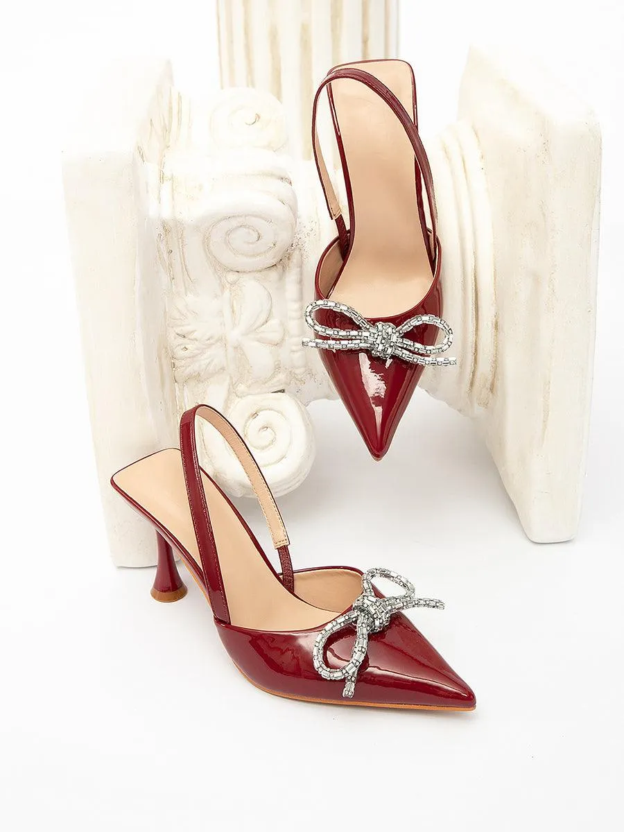 Pointed Bowknot Burgundy Thin Heel MHE1118