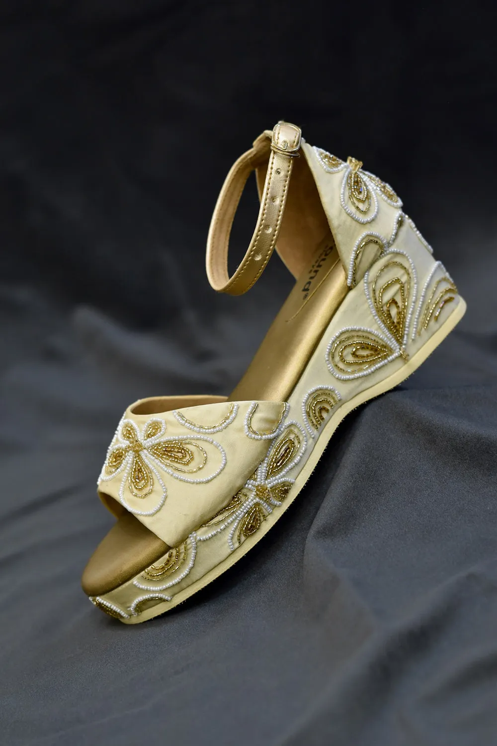 Poly Silk & Rexine Embellished Gold Heels