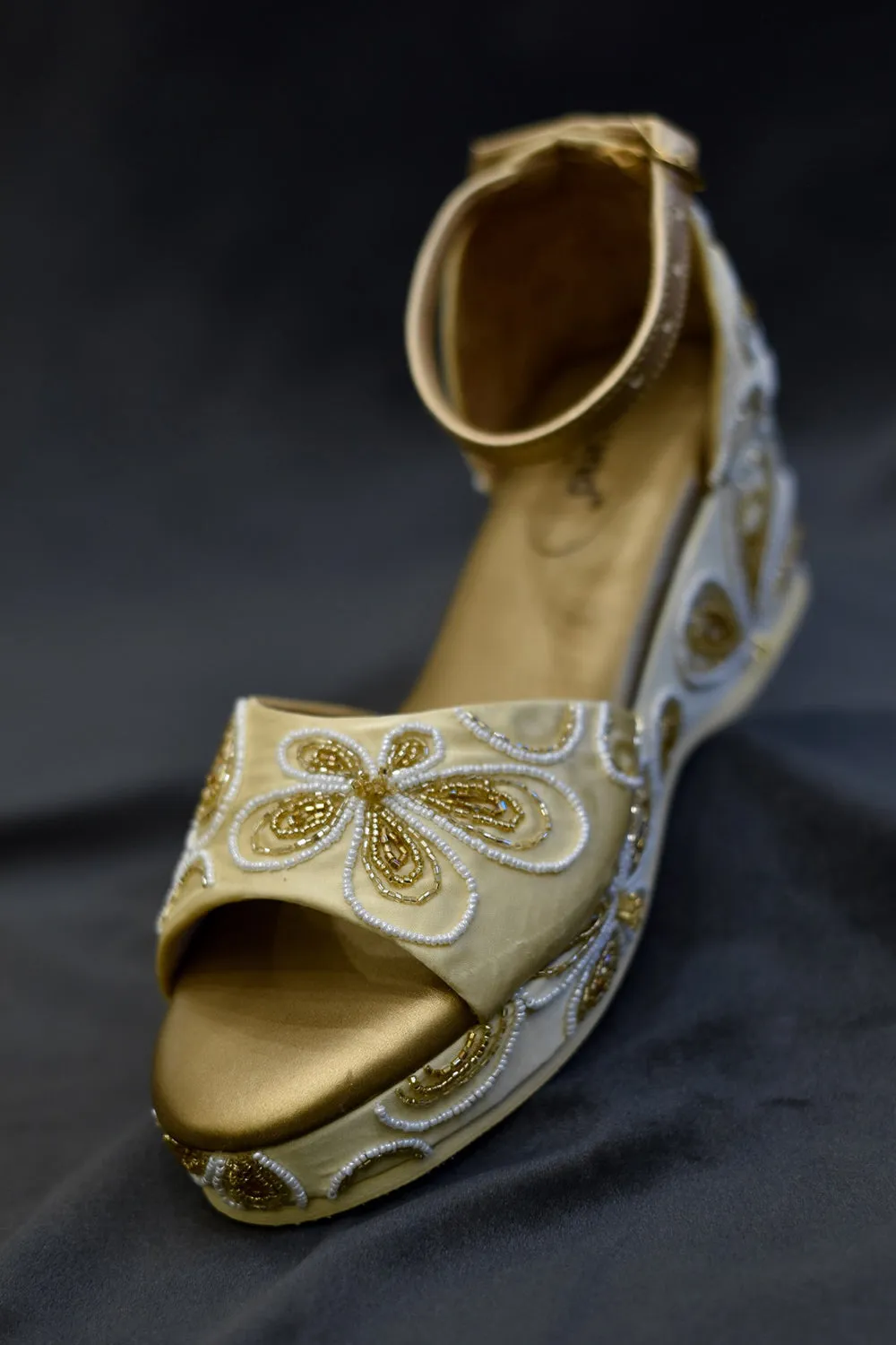 Poly Silk & Rexine Embellished Gold Heels