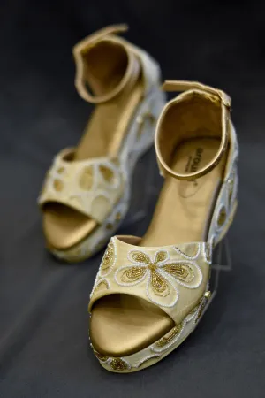Poly Silk & Rexine Embellished Gold Heels