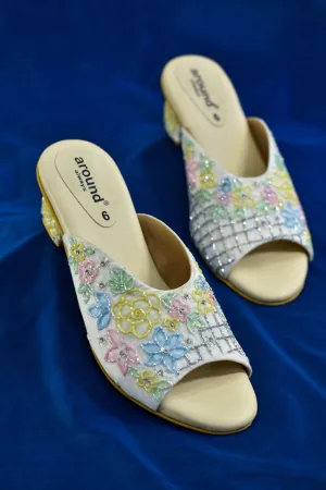 Poly Silk Glass Beaded Milky White Heels