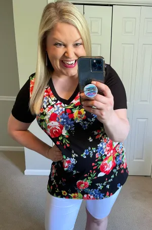 Pop of Color Floral V-Neck Tee in Black