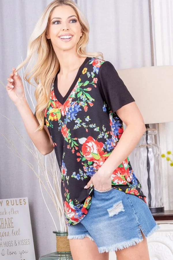 Pop of Color Floral V-Neck Tee in Black