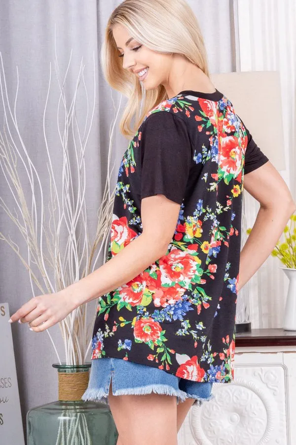 Pop of Color Floral V-Neck Tee in Black