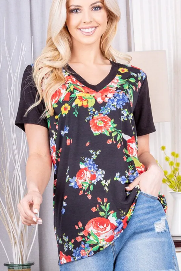 Pop of Color Floral V-Neck Tee in Black