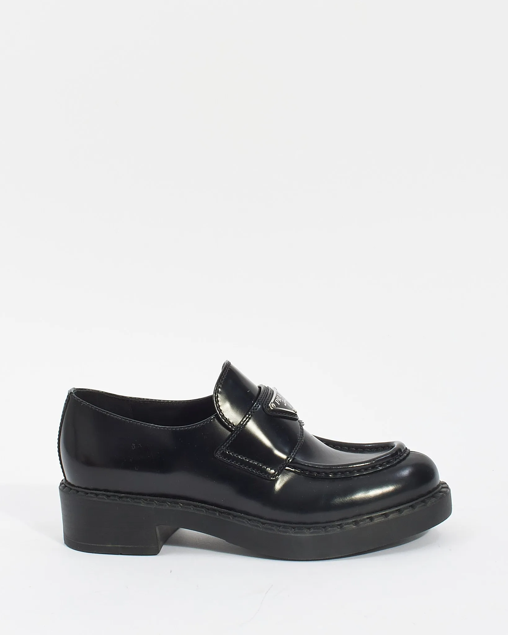Prada Black Brushed Leather Chocolate Loafers - 6