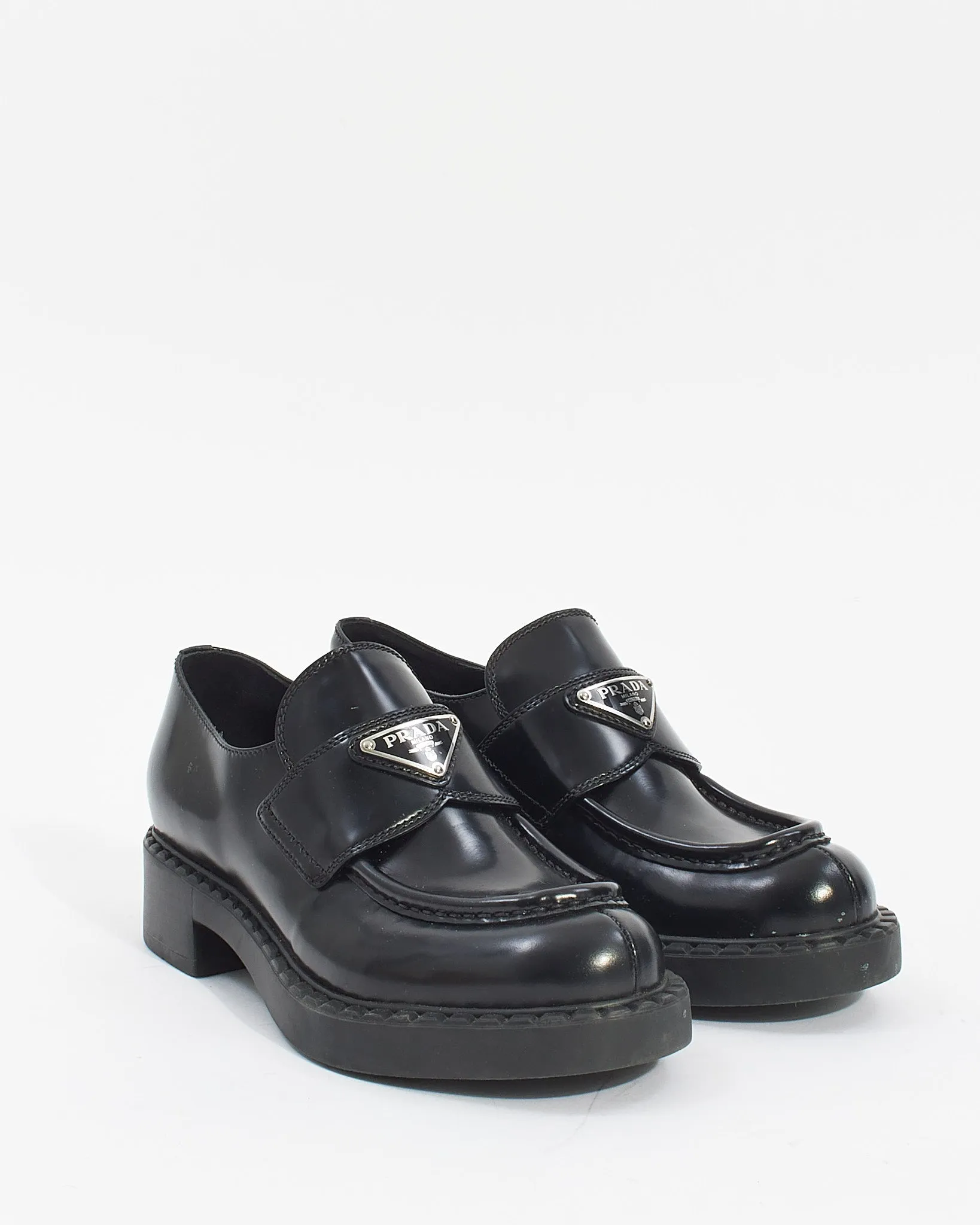 Prada Black Brushed Leather Chocolate Loafers - 6