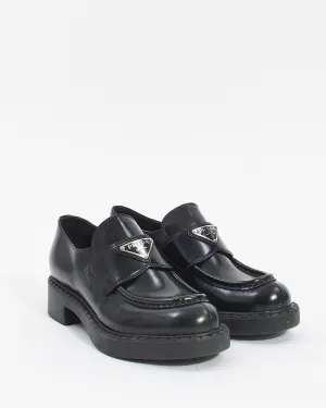 Prada Black Brushed Leather Chocolate Loafers - 6