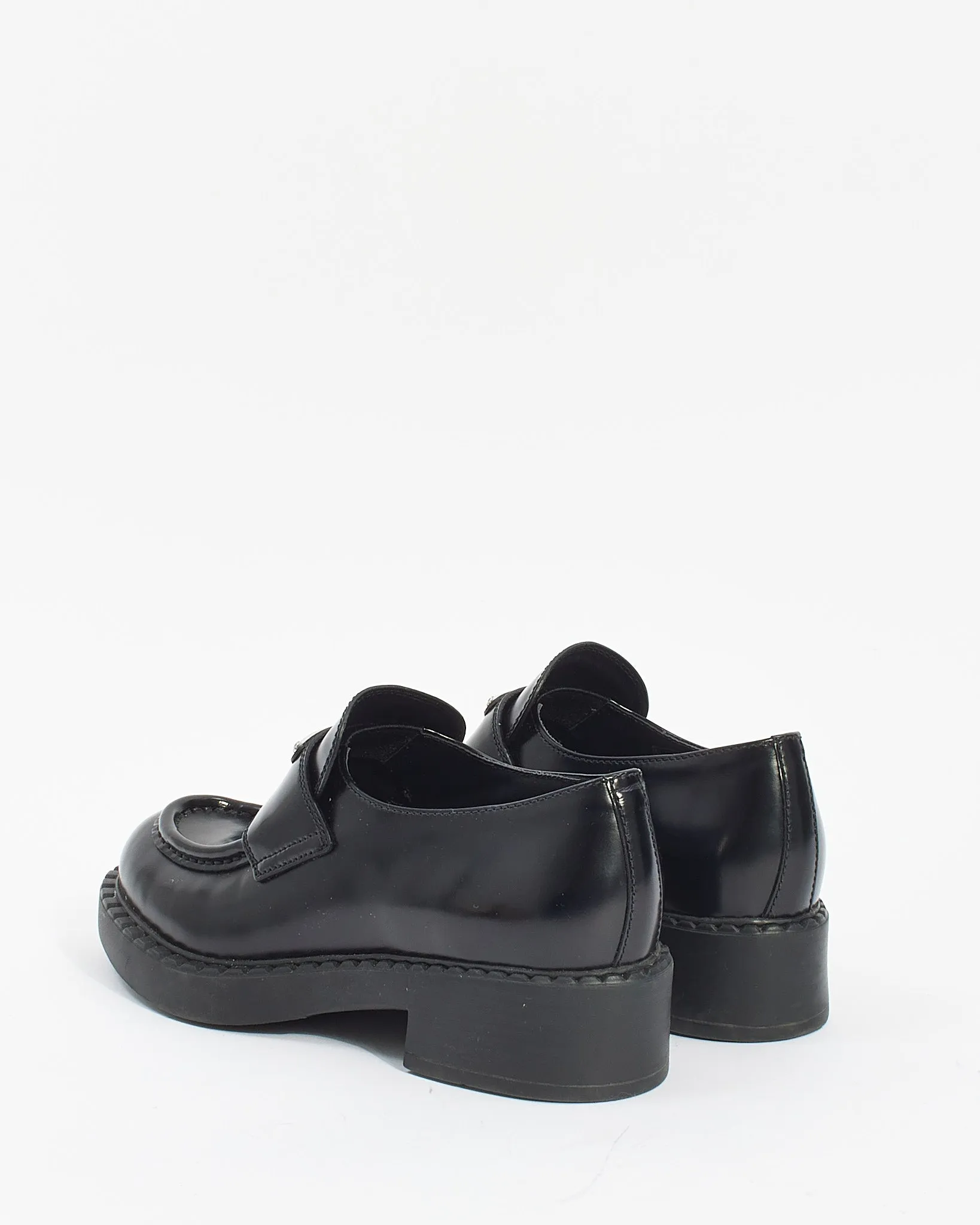 Prada Black Brushed Leather Chocolate Loafers - 6