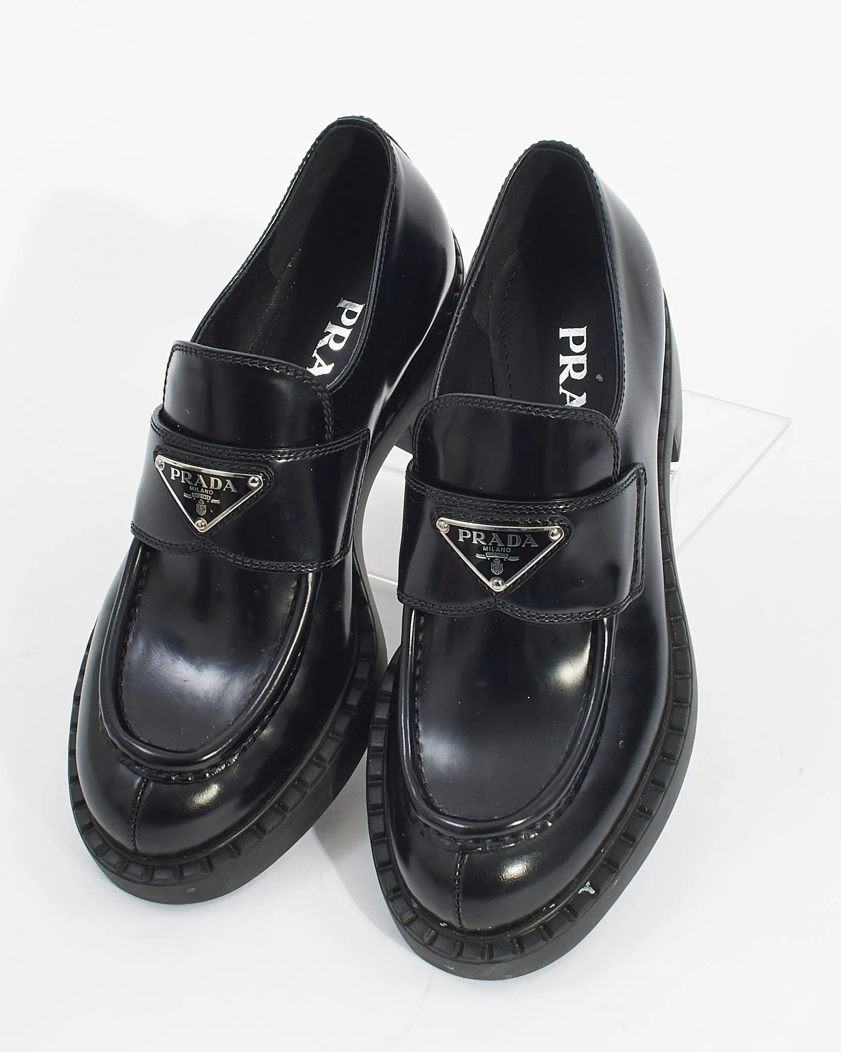 Prada Black Brushed Leather Chocolate Loafers - 6