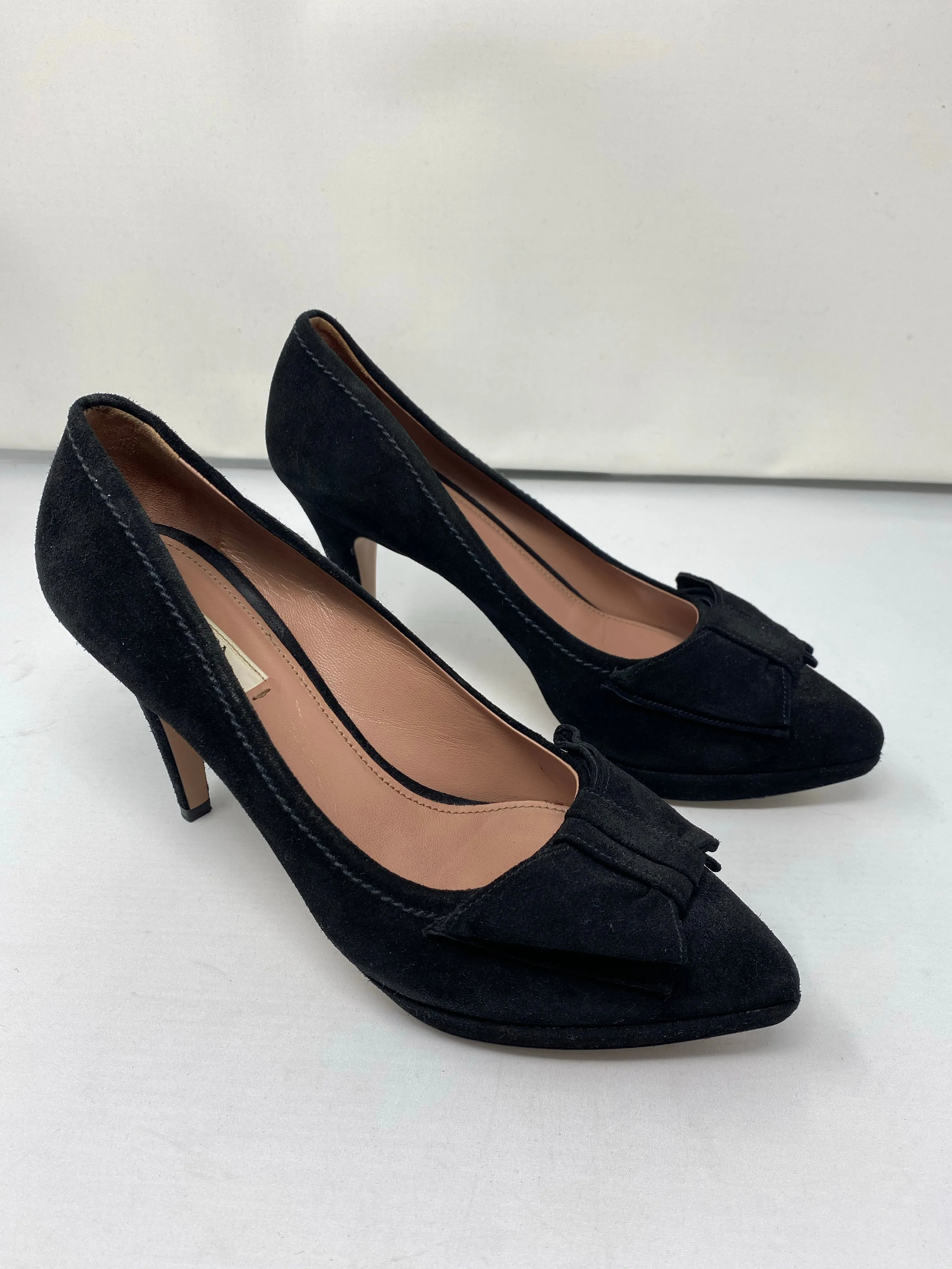Prada Black Suede Pointed Toe Platform Pump with Black Suede Bow